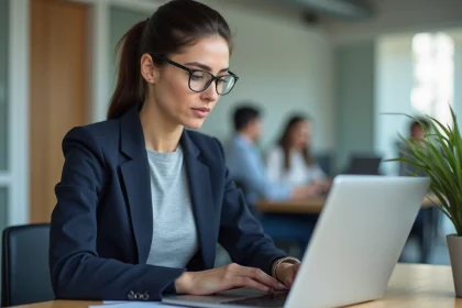 Femme professionnelle se connectant à son compte CSE sur un ordinateur portable en open space