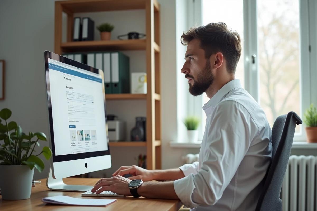 Homme effectuant sa première connexion au portail en ligne du comité d'entreprise GMF depuis son domicile