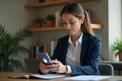 Femme utilisant son smartphone pour se connecter &agrave; son espace personnel Terciel en toute s&eacute;curit&eacute; depuis son bureau