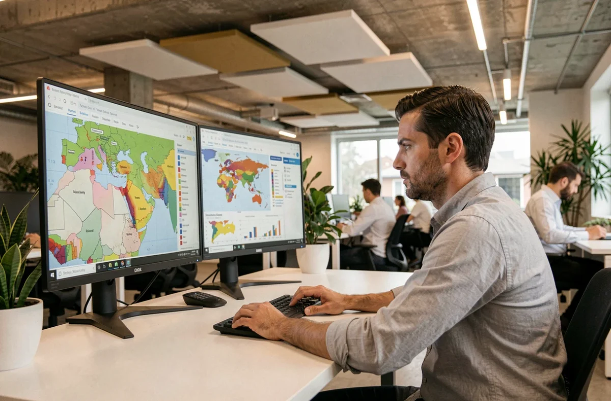 Entrepreneur consultant analysant des données territoriales sur un système d'information géographique pour optimiser son implantation
