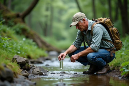 Consultant environnement collecte un échantillon d'eau en forêt