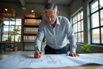 Consultant RGE analysant des plans de rénovation énergétique dans un bureau d'études moderne