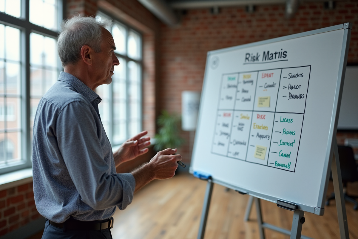 Consultant en risque expliquant une matrice sur un tableau blanc