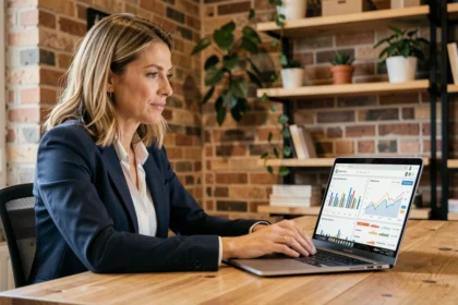 Consultante en agence digitale analysant les performances d'un site web pour une petite entreprise sur un ordinateur portable dans un bureau moderne