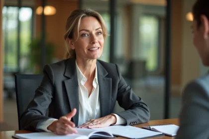 Consultante professionnelle en réunion de coaching stratégique dans un espace de travail premium pour attirer des clients haut de gamme