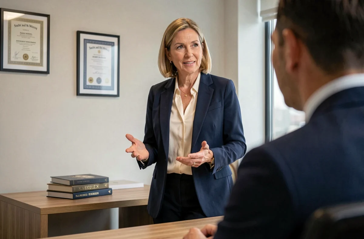 Consultante senior en blazer marine en entretien client dans un bureau de conseil raffiné avec diplômes encadrés en arrière-plan