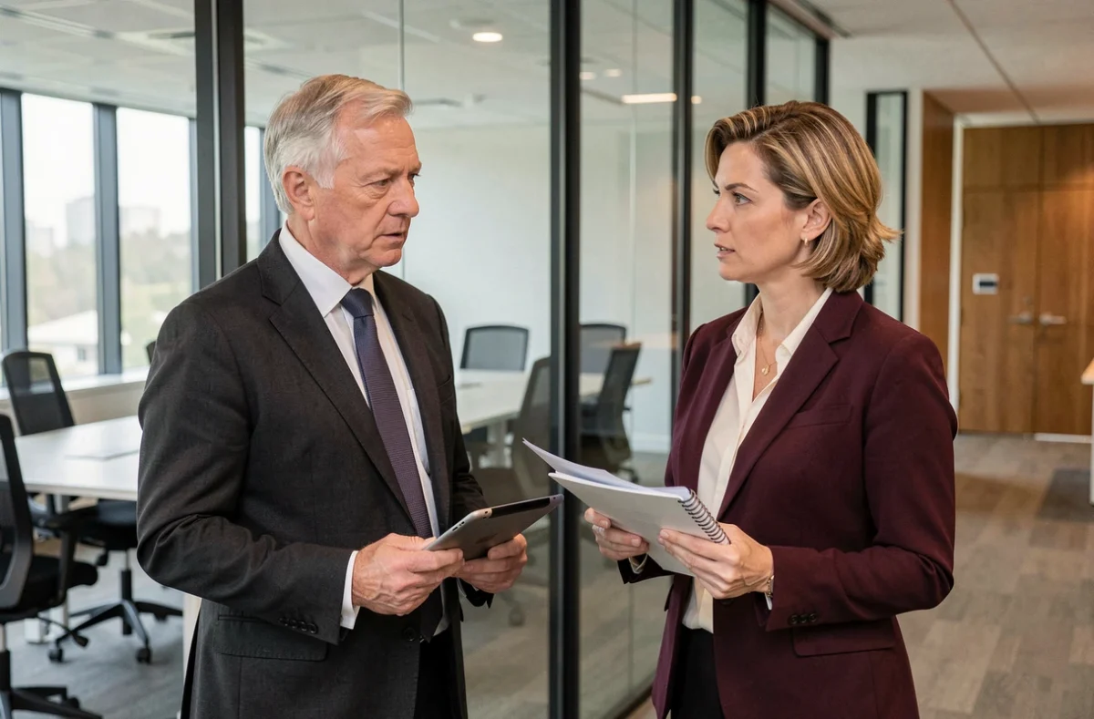 Deux consultants seniors en discussion stratégique debout devant une paroi vitrée donnant sur un espace de travail moderne dans un cabinet de conseil