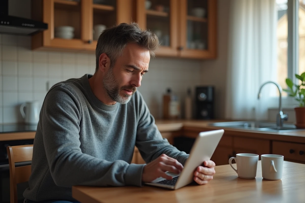 Employé consultant ses droits CE Loxam sur une tablette depuis son domicile