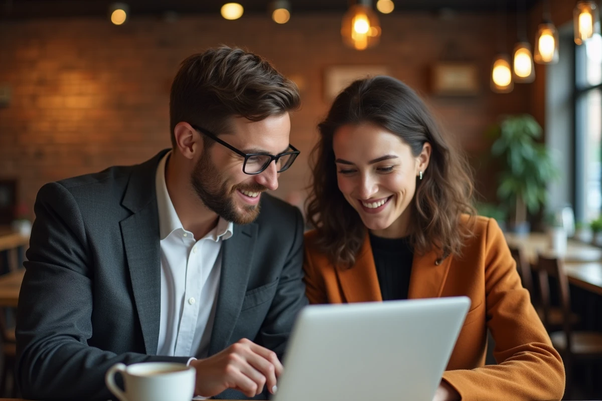 Couple consultant le registre d'une société sur un ordinateur portable dans un café avant un achat en ligne