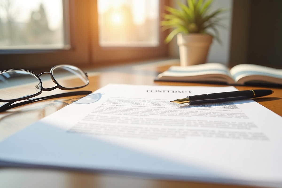 Contrat signé sur un bureau en lumière naturelle avec stylo et lunettes