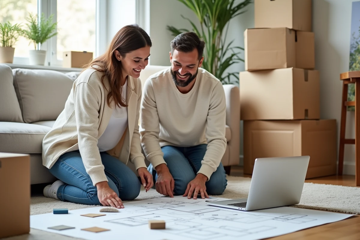 Couple planifiant l'am&eacute;nagement int&eacute;rieur de leur maison en organisant des maquettes et des &eacute;chantillons de mat&eacute;riaux sur le sol du salon avec un ordinateur portable et des plans architecturaux