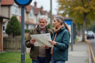 Couple d'adultes regardant une carte dans un quartier résidentiel