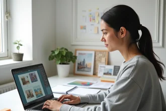 Créatrice digitale combinant modèles Envato et prompts IA sur son bureau minimaliste dans un studio moderne