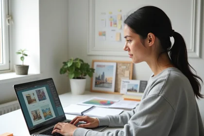 Créatrice digitale combinant modèles Envato et prompts IA sur son bureau minimaliste dans un studio moderne