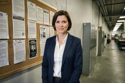 Déléguée syndicale debout devant un tableau d'affichage dans une usine, représentant les enjeux de la représentation au travail