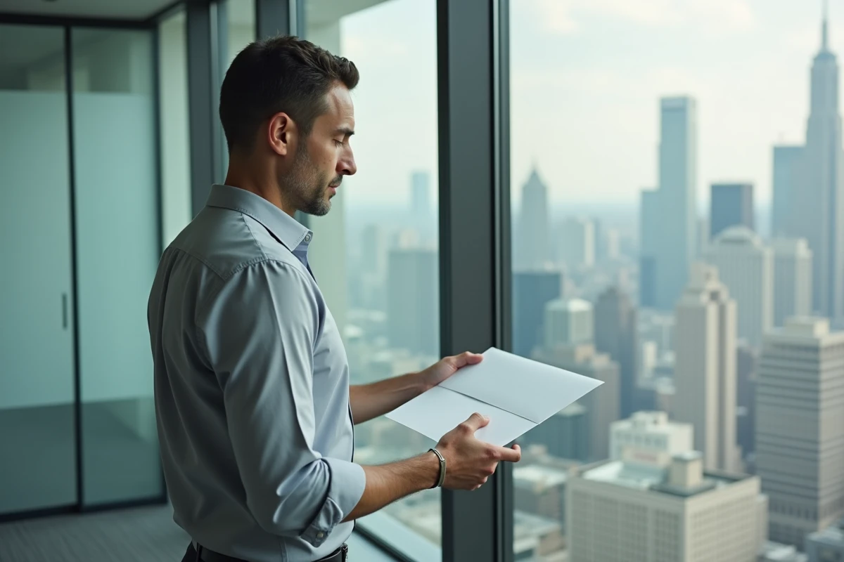 Homme en chemise grise tenant une enveloppe de lettre de démission devant une fenêtre de bureau avec vue urbaine, moment de réflexion professionnelle