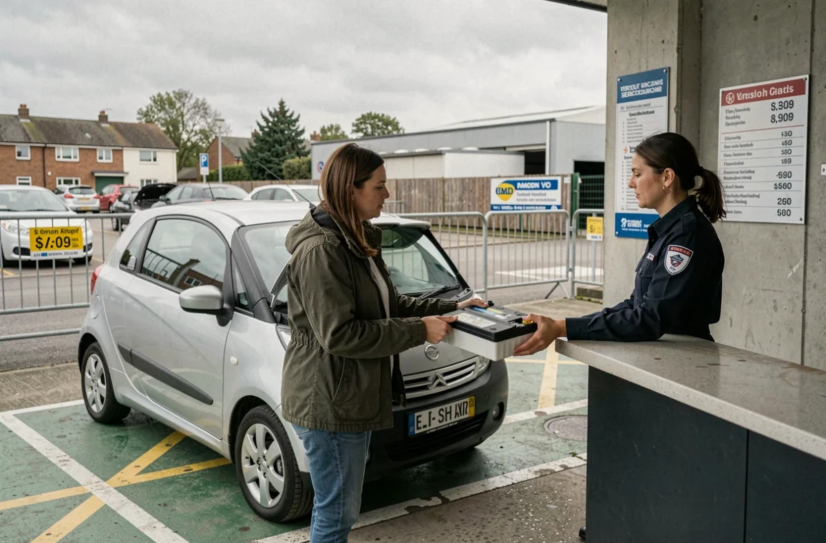 Particulière déposant une vieille batterie de voiture au comptoir de rachat d'un centre Derichebourg