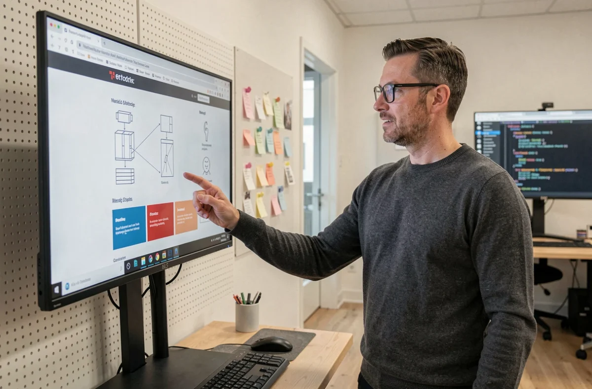 Développeur web d'une agence digitale présentant une maquette de site internet sur grand écran dans un espace de travail moderne pour petite entreprise