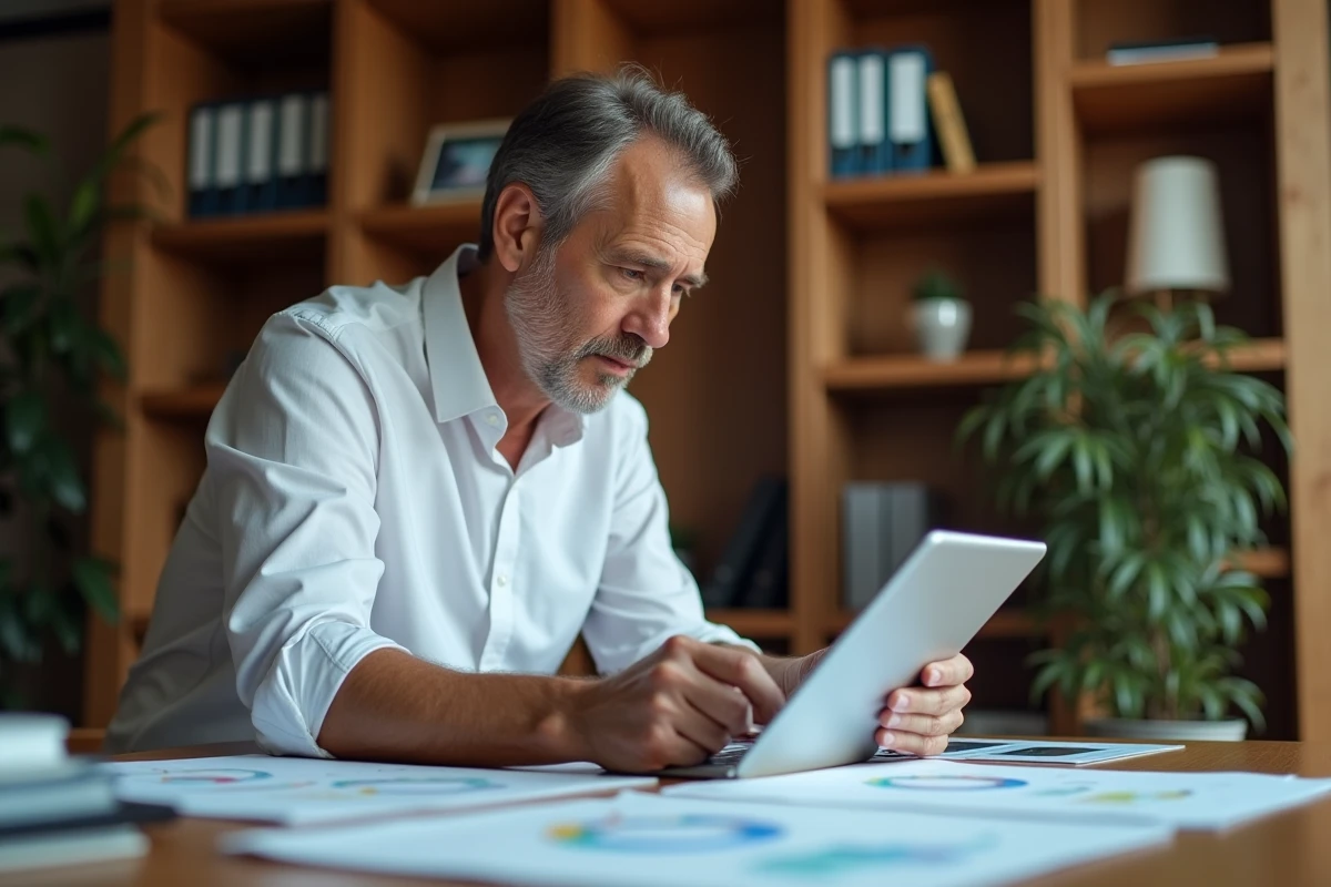 Dirigeant d'entreprise analysant une solution SaaS d'intégration et d'échanges inter-entreprises sur tablette dans son bureau