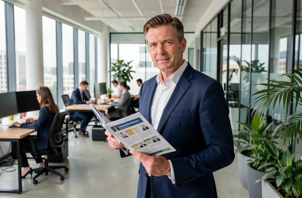 Dirigeant d'entreprise comparant des formules d'abonnement dans un espace de travail moderne