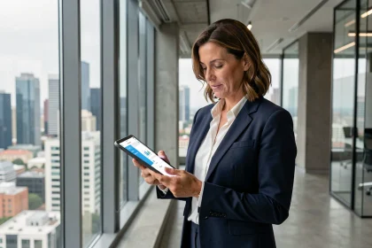 Dirigeante d'entreprise consultant une plateforme B2B sur tablette dans un bureau moderne