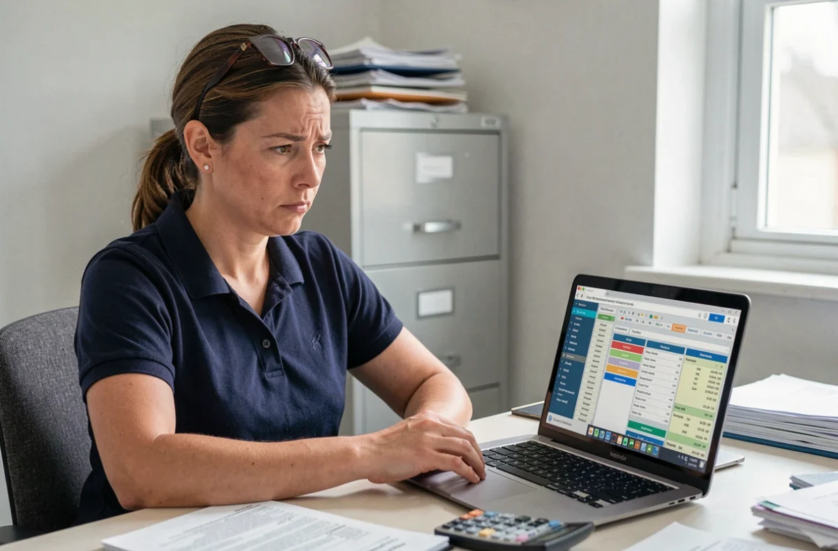 Dirigeante de TPE BTP analysant un logiciel de gestion de chantier sur ordinateur portable dans un bureau