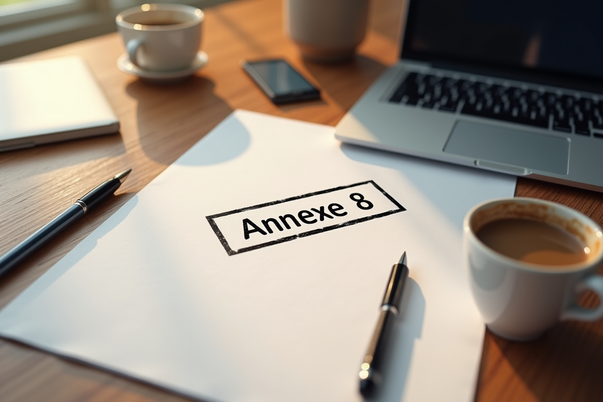 Document Annexe 8 sur un bureau en bois avec stylo et café