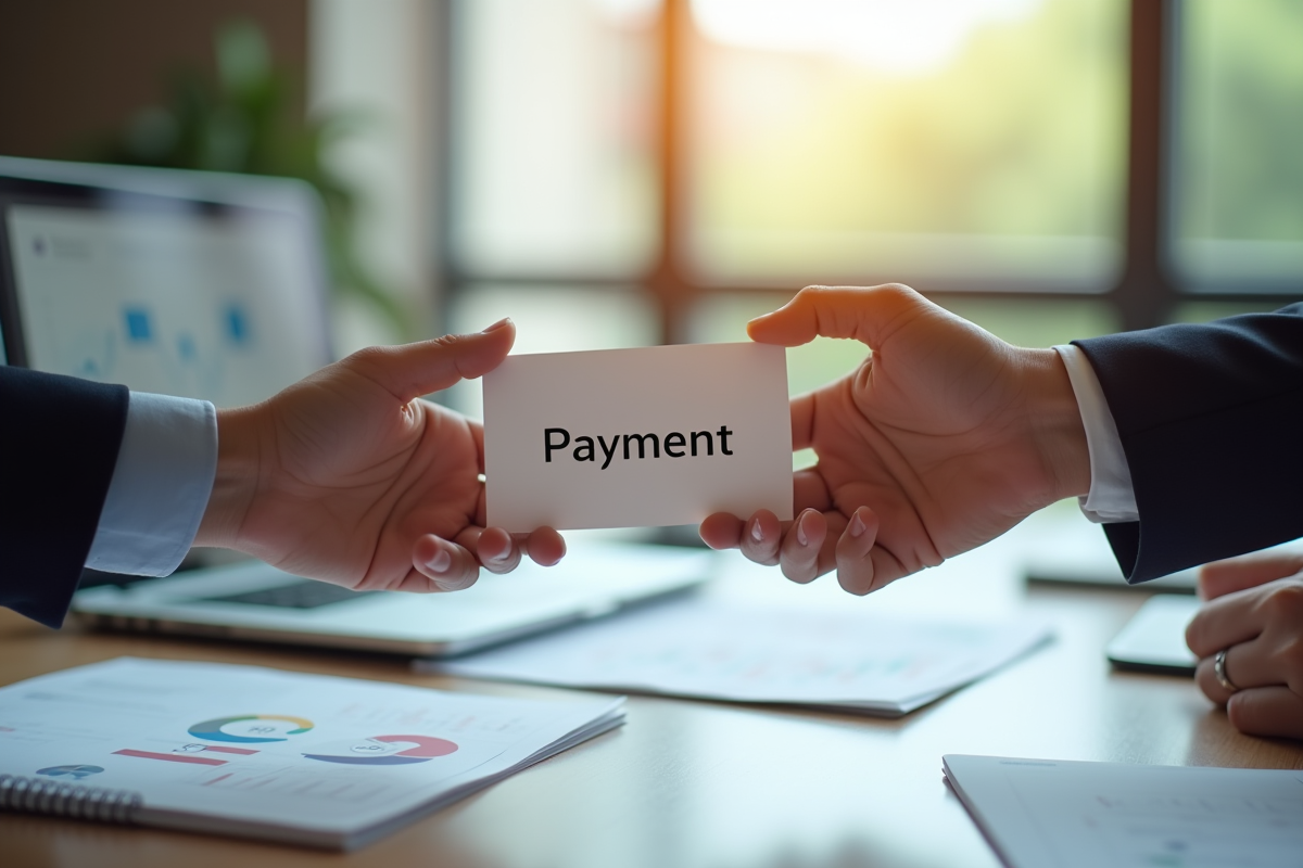 Deux mains échangeant une enveloppe de paiement dans un bureau lumineux