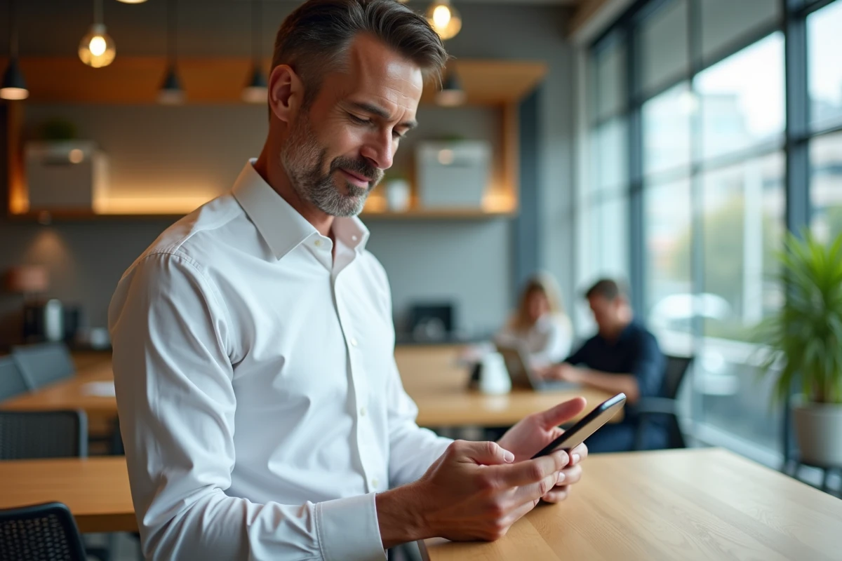 Employé BNP Paribas utilisant l'application mobile Alis dans un espace détente de bureau