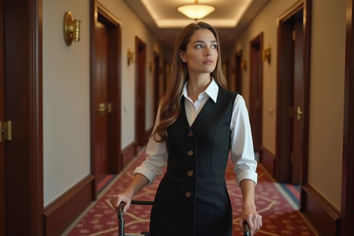 Employée hôtelière en tenue noire avec un chariot de room service dans un couloir d'hôtel élégant
