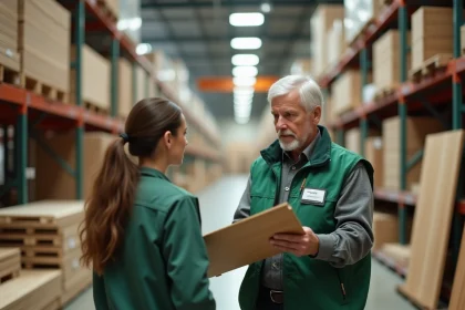 Employé Leroy Merlin en tablier vert conseillant des clients dans le rayon revêtements de sol d'un grand magasin de bricolage