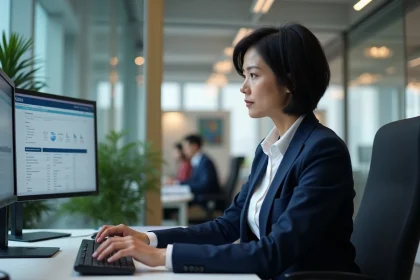 Employée utilisant un portail métier sur double écran dans un open space moderne