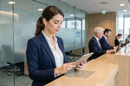 Employée en CDD consultant des documents sur tablette dans un bureau Air France, illustrant les droits des intérimaires et CDD via Intralignes
