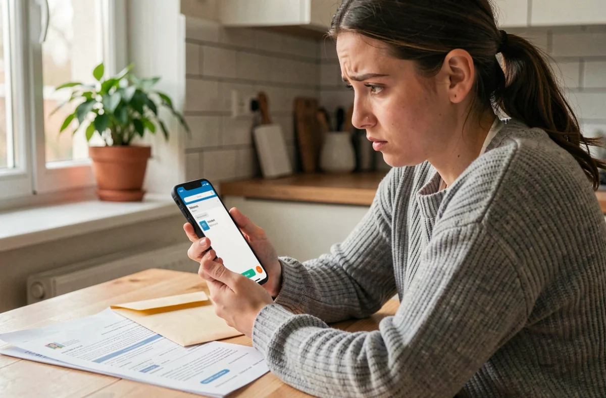 Jeune enseignante inquiète consultant son application bancaire face à un retard de versement de salaire de l'éducation nationale