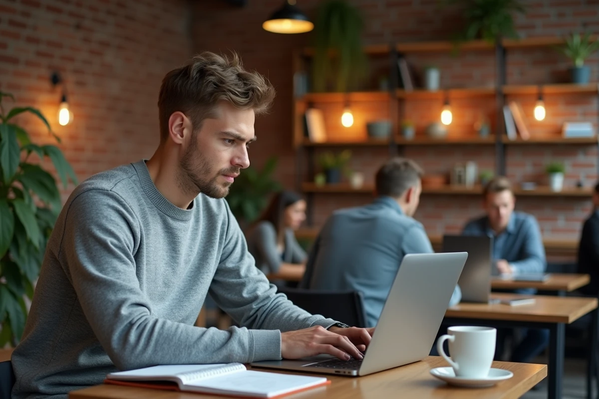 Jeune entrepreneur recherchant des informations légales sur des entreprises via l'INPI dans un espace de co-working moderne