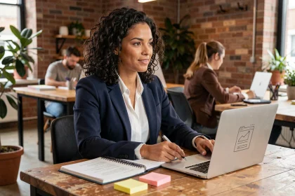 Entrepreneuse travaillant sur son business plan dans un espace de coworking moderne, illustrant le lancement d'une activité avec mediadi business