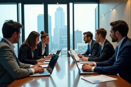 Groupe de professionnels d'affaires en r&eacute;union dans un bureau moderne