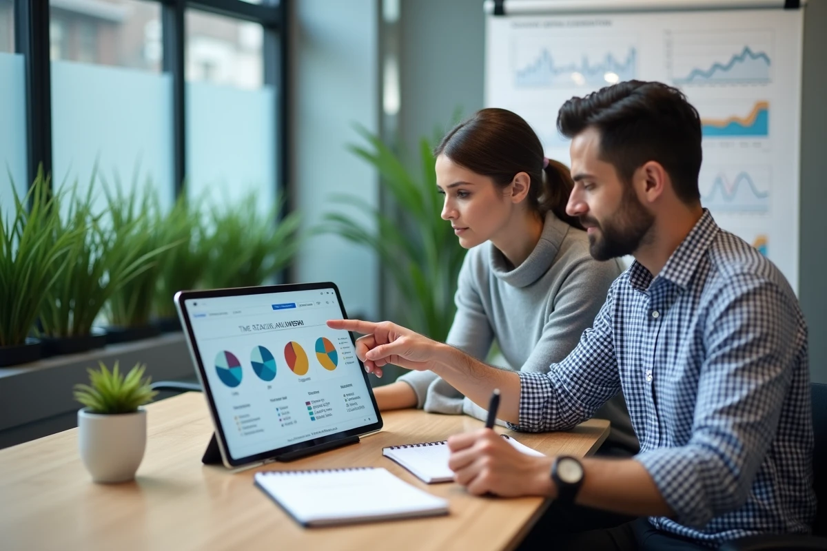 Deux collègues en réunion configurant et analysant un tableau de bord de suivi du temps AgileTime sur tablette