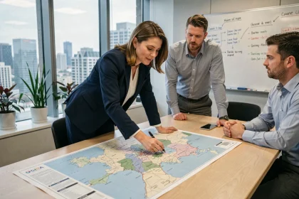 Équipe d'entreprise analysant une carte régionale pour identifier des opportunités d'implantation territoriale