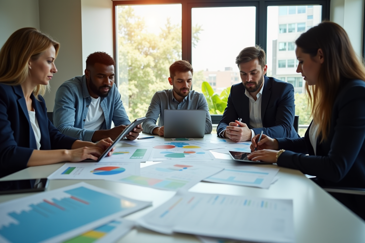 Equipe diverse en brainstorming stratégie marketing