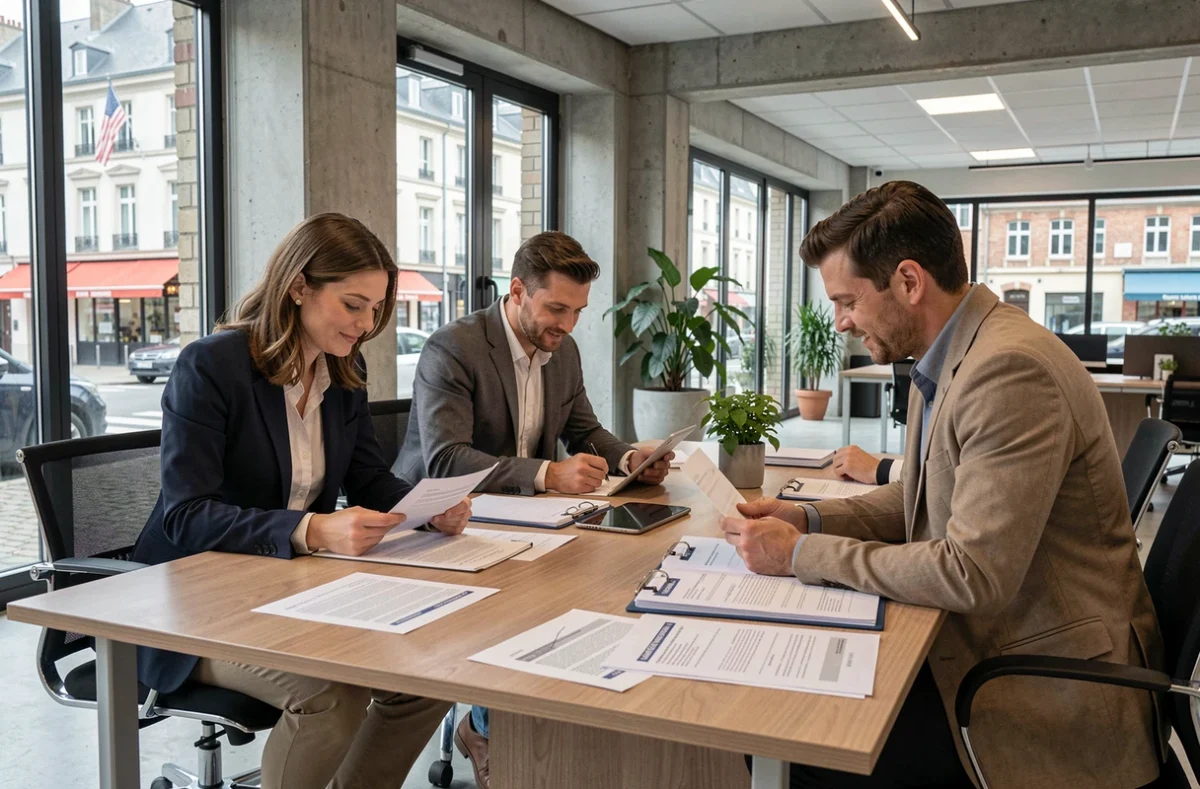 Équipe de consultants en recrutement collaborant autour d'une table de réunion dans un cabinet de recrutement moderne en Seine-Maritime, analyse de candidatures et dossiers professionnels