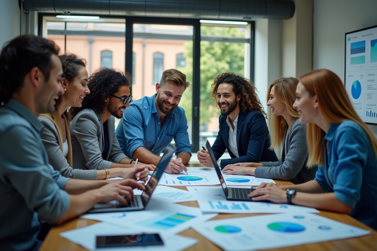 Équipe diverse collaborant en marketing numérique dans un bureau lumineux