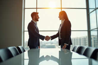 Deux professionnels se serrant la main en 2025 dans un bureau lumineux