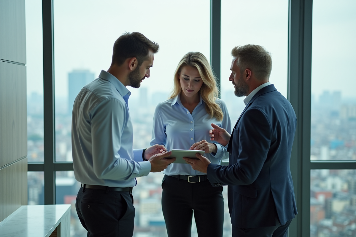 Groupe de professionnels discutant avec tablette dans un bureau moderne
