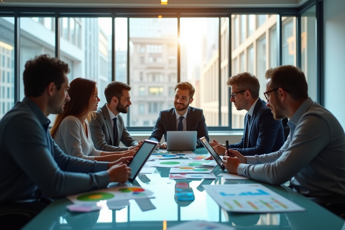 Groupe d'affaires analysant des graphiques de génération de leads
