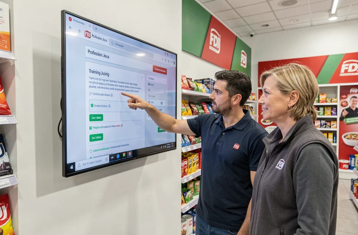 Équipe de commerce en formation sur la plateforme FDJ Profession Jeux dans un point de vente moderne