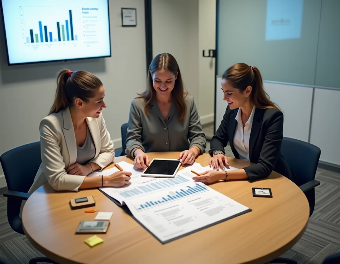 Équipe de trois professionnels discutant d'un guide de prix stratégie digitale autour d'une table de réunion moderne