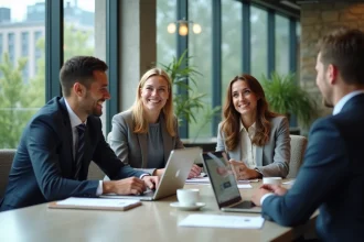 Groupe de jeunes professionnels en réunion dans un bureau moderne