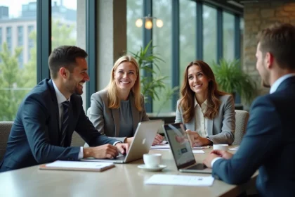 Groupe de jeunes professionnels en réunion dans un bureau moderne