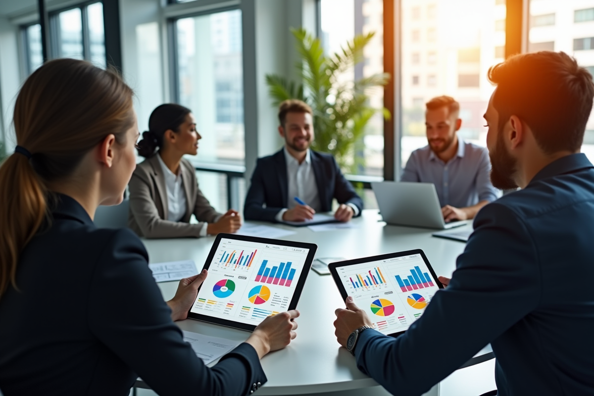 Groupe de professionnels analysant des graphiques de données modernes